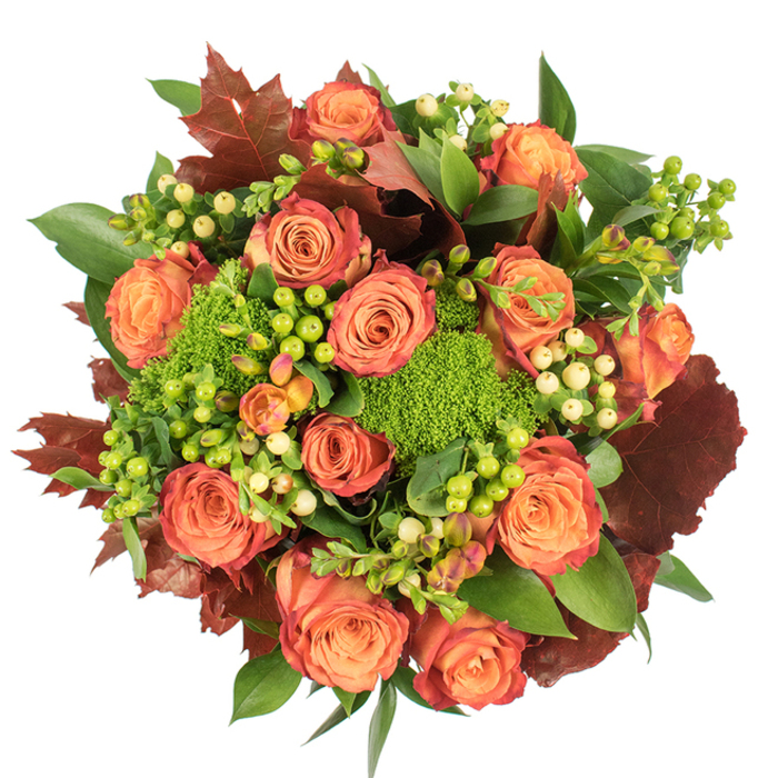Captured from above against a pristine white surface, this dense, circular bouquet celebrates the colours and textures of fall as if arranged after a stroll through Cockfosters' hedgerows. Dominant are numerous fully bloomed roses in a warm spectrum from soft peach through coral to deep orange, their petals curling outward with a delicate, two-toned effect that shifts to russet at the margins. Contrasting these luminous roses are clustered green trick dianthus forms-rounded, velvety mounds of intense green that read like miniature moss cushions and introduce a lush, tactile counterpoint. Small groupings of Hypericum berries, some a brisk lime green and others a creamy, pale yellow, provide glossy punctuation points that enliven the palette and add playful texture beneath the rose crowns. Interspersed throughout, large lobed leaves in muted burgundy and burnt orange, reminiscent of fallen oak and maple, bring an autumnal, grounding weight while fresh, broader green leaves lend fullness and a reflective sheen. The composition is carefully balanced so that light skims the velvety petals and highlights the berry surfaces, producing soft shadows that emphasize depth and craftsmanship. The overall impression is warm, abundant and quietly celebratory, recalling Thanksgiving tables and cosy corners in homes near Cockfosters station, Hadley Wood and surrounding Oakwood lanes-an arrangement meant to evoke gratitude, harvest comfort and a touch of neighbourhood charm without overwhelming the senses.